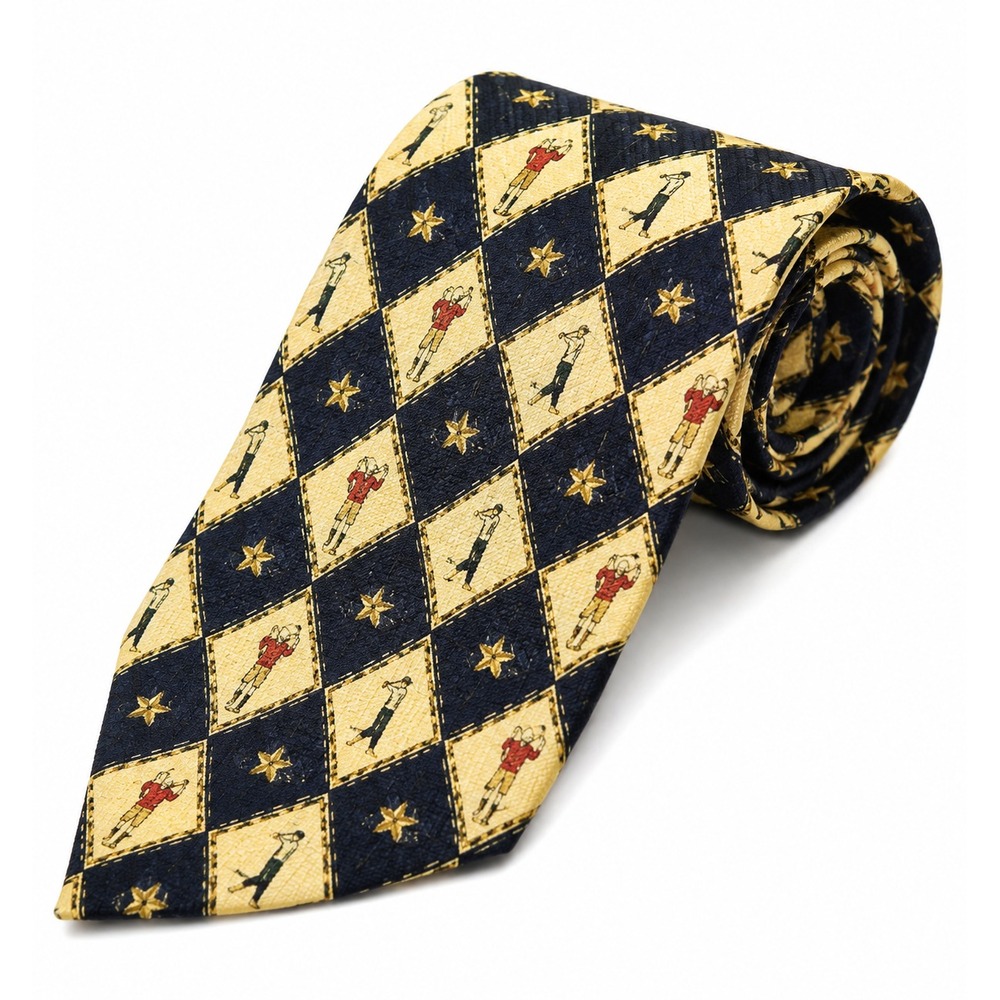 Tommy Hilfiger Men's Tie Italian Silk Novelty Vintage Golfer Blue Gold 57" Long